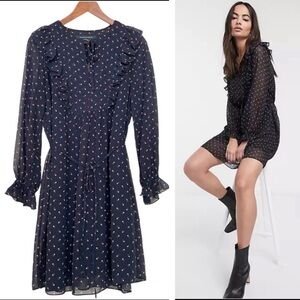 French Connection Mini Dress Size 4 Floral Sheer Belted Long Sleeve Ruffle Flowy